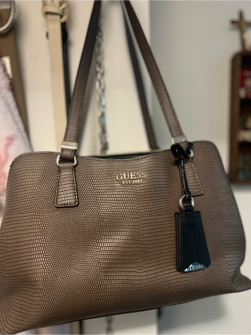 GUESS Brown Lizard-Embossed Shoulder Bag with Black Tag Accent